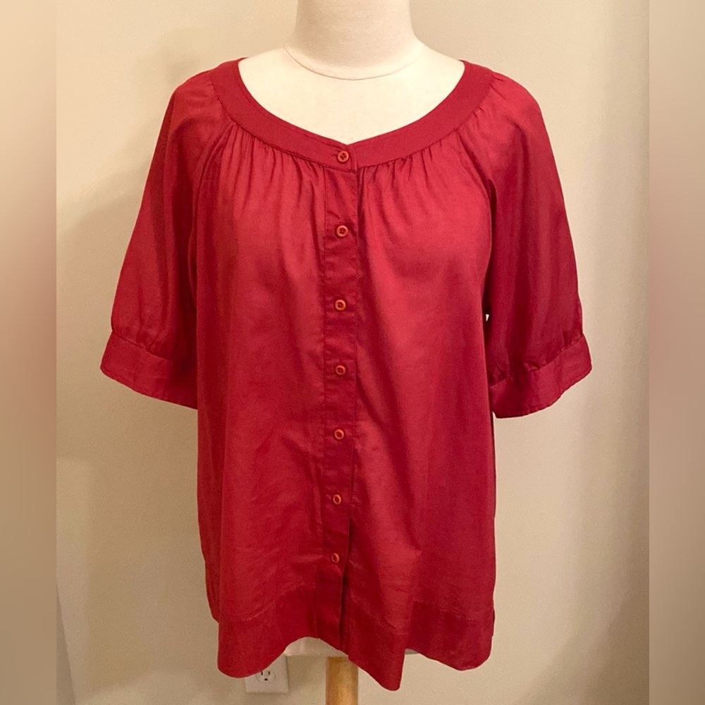 Chico’s Red SZ L Romantic Boho Chic Coquette Preppy Puff Sleeve Semi Sheer Top
